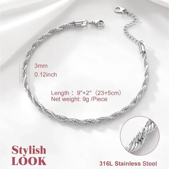 FOCALOOK 14K Gold Plated Twist Rope Anklet Stainless Steel - Picture 5 of 6